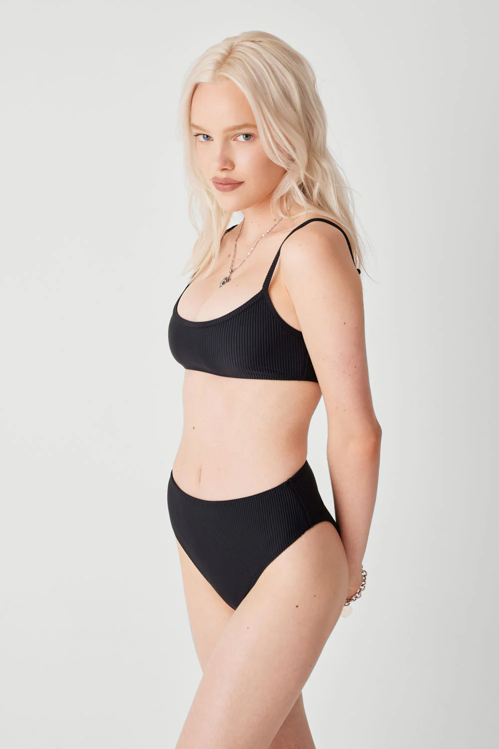 Jenna Ribbed High Waist Bikini Bottom - Black - Image 4